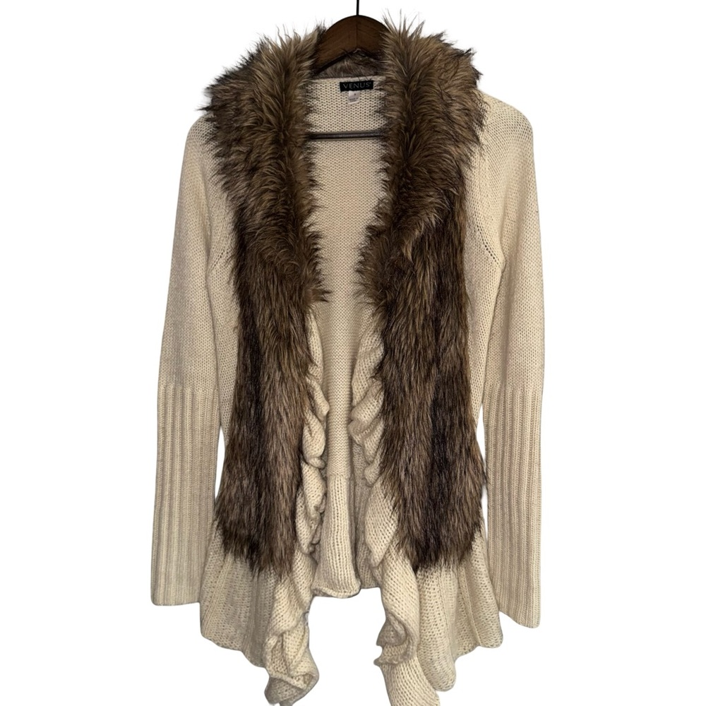 Venus Faux Fur Collar Cardigan Cream Open Front Knit Sweater Cozy Fall Boho - Picture 2 of 5